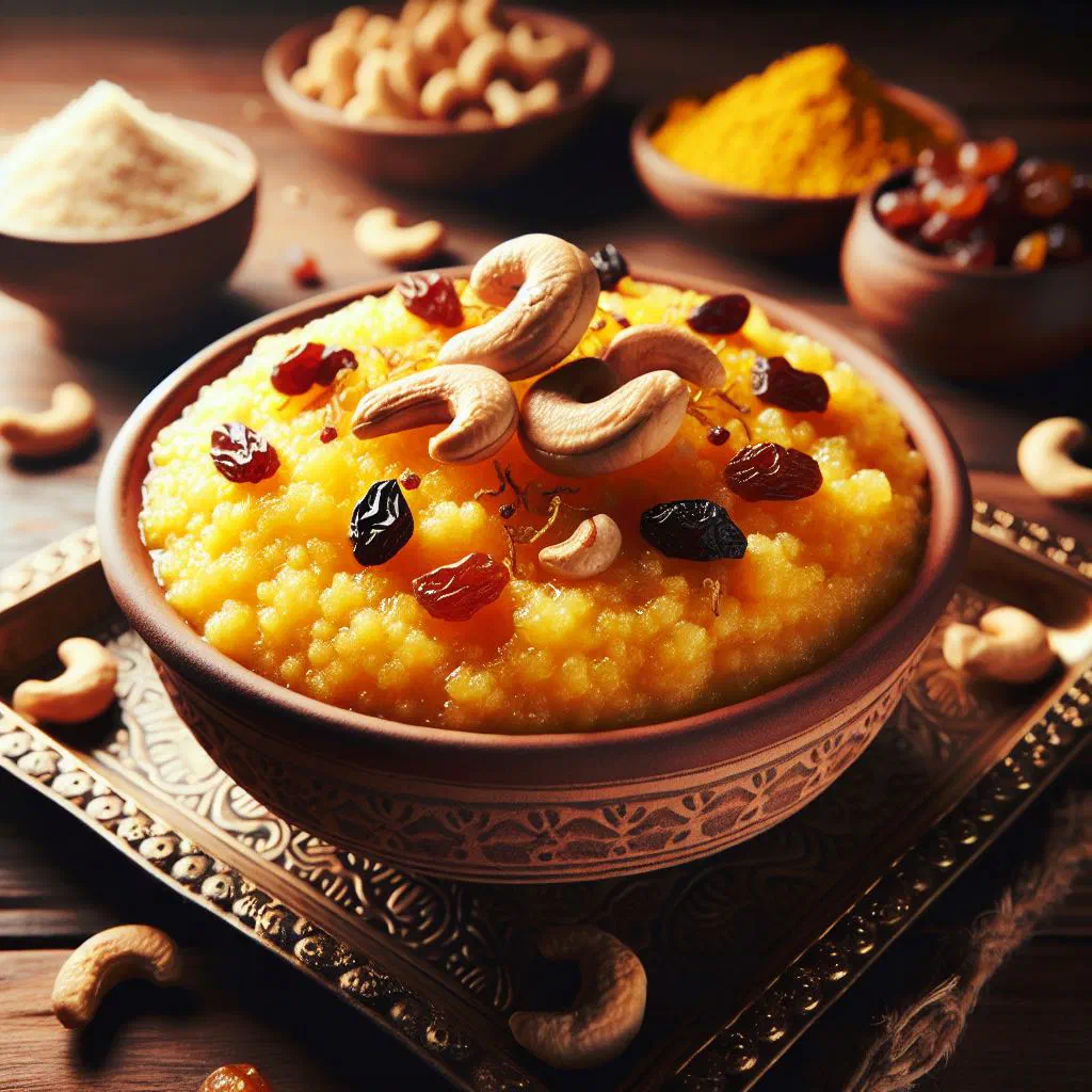 Bright golden rava kesari semolina pudding topped with cashews and raisins