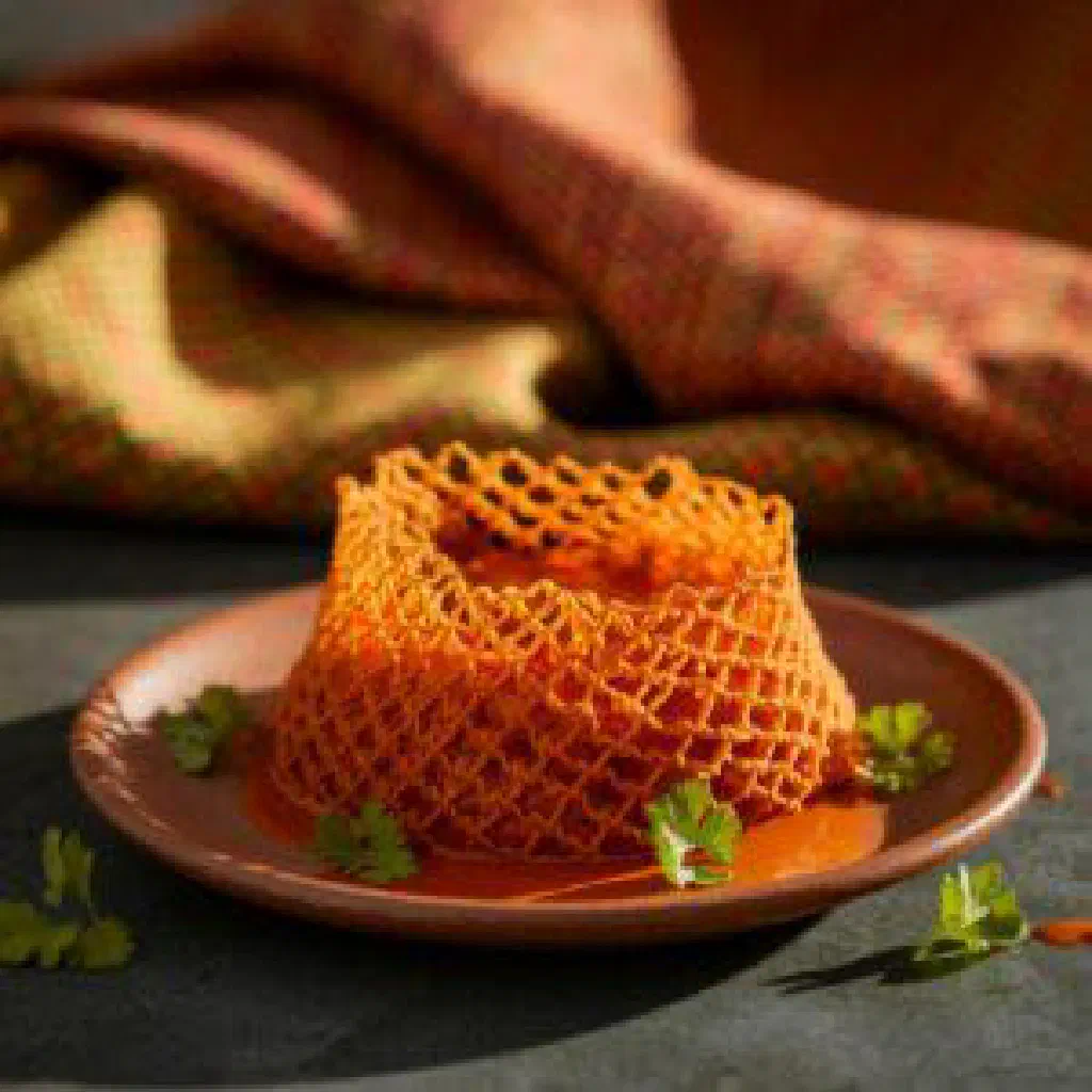Lacy net-patterned roti jala crepes folded on a plate