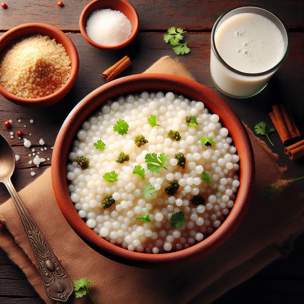 Sabudana khichdi with tapioca pearls, peanuts and fresh coriander