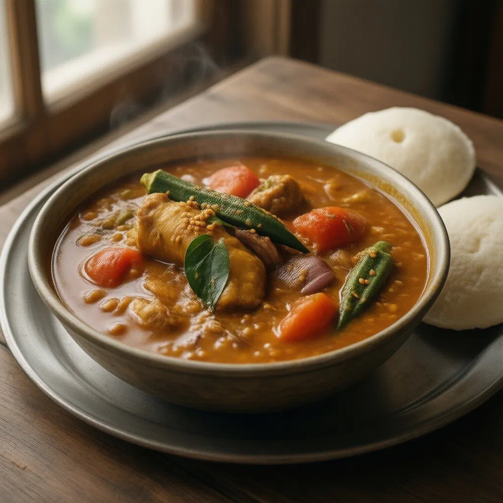 A bowl of South Indian sambar with lentils and vegetables, garnished with fresh coriander