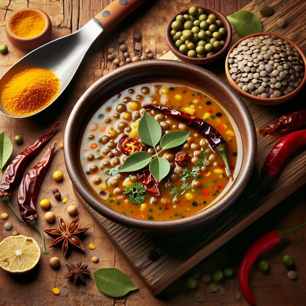 A bowl of South Indian sambar with lentils and vegetables, garnished with fresh coriander