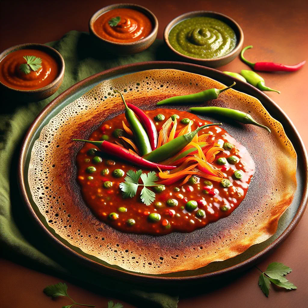 Crispy schezwan dosa brushed with fiery red sauce and mixed vegetables