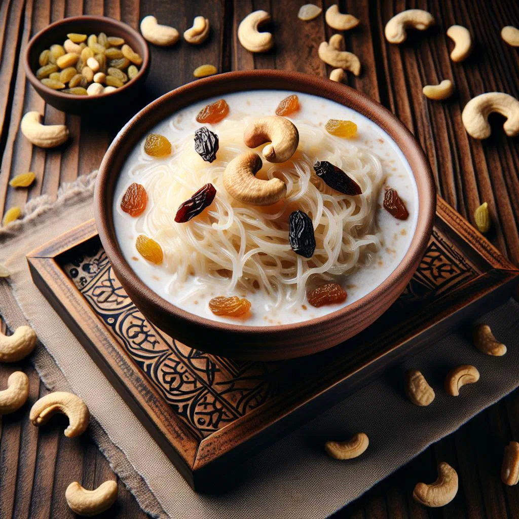 Bowl of creamy semiya payasam topped with toasted nuts
