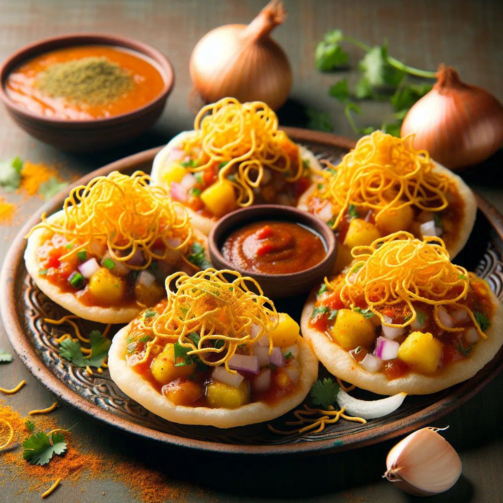 Sev puri topped with potato, onion, chutneys and crunchy sev