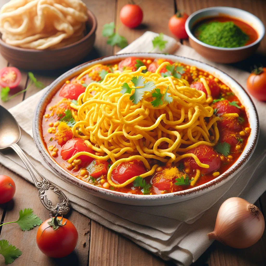 Sev tamatar curry topped with crunchy sev and fresh coriander
