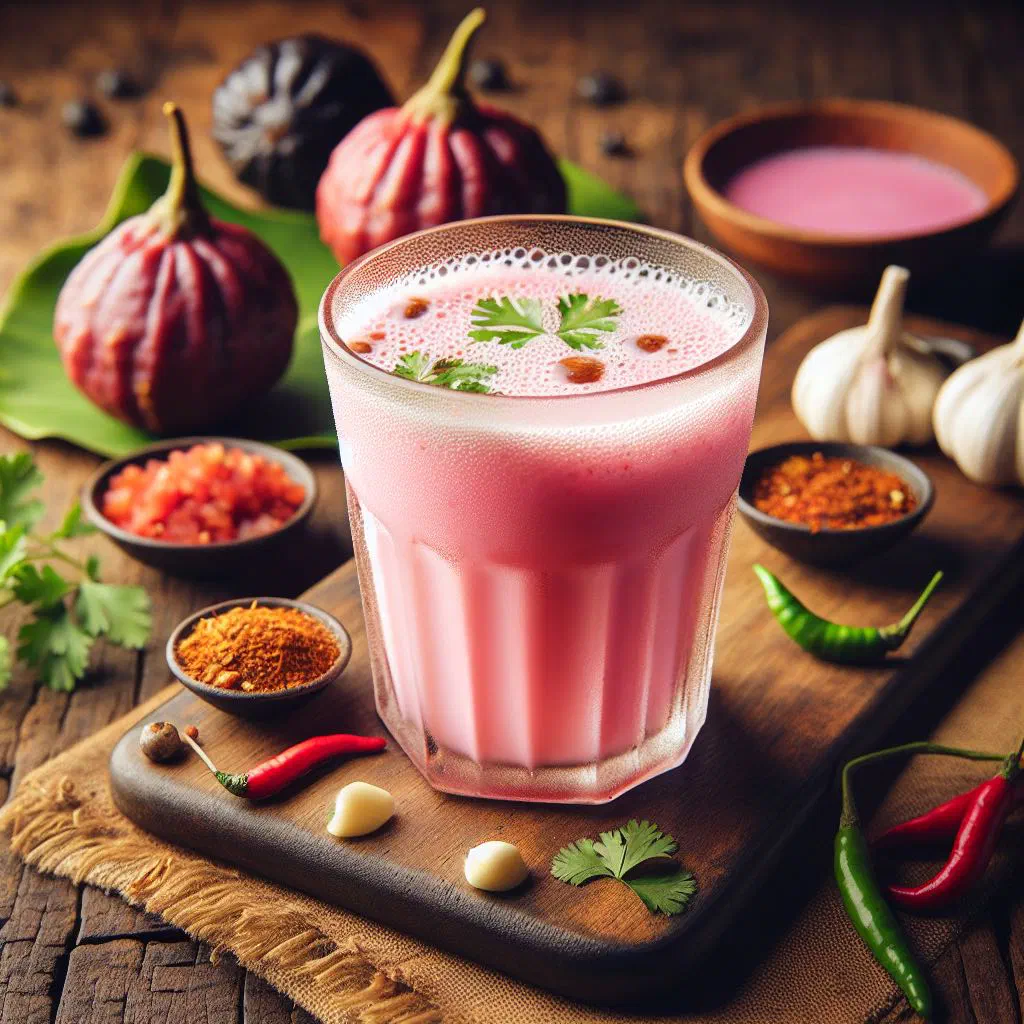 Pink coconut-based sol kadhi served chilled in a glass with fresh coriander
