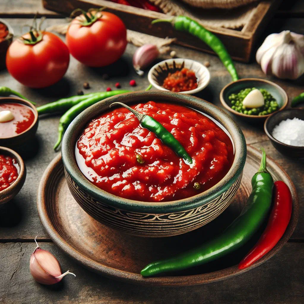 Bowl of tomato tamatar chutney garnished with fresh coriander