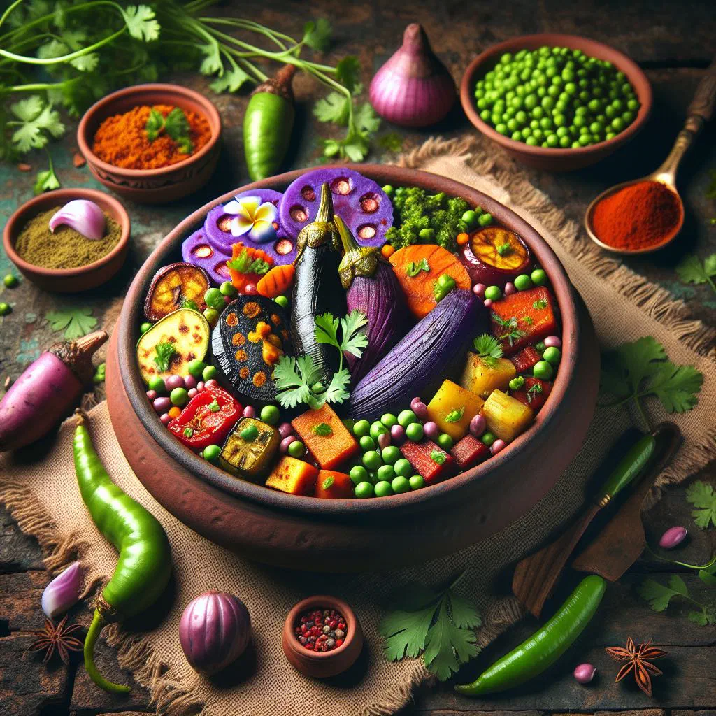 Undhiyu, a Gujarati mixed-vegetable dish garnished with fresh coriander
