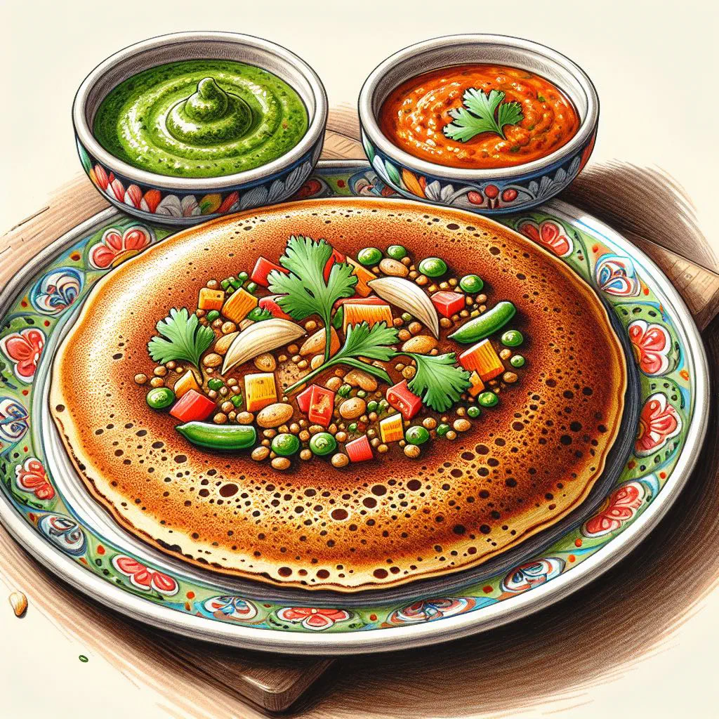 Thick savoury uttapam topped with onion, tomato and coriander
