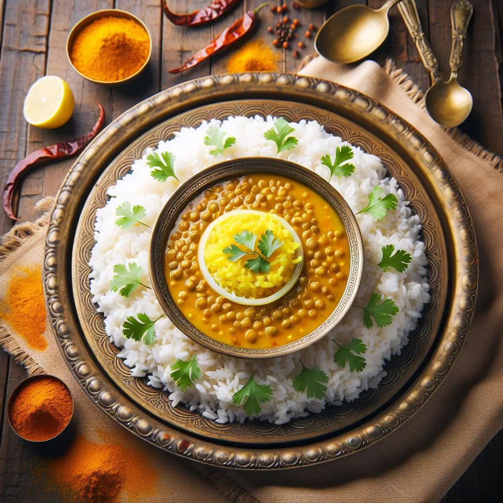 Varan bhaat with yellow lentil dal over steamed rice and a drizzle of ghee