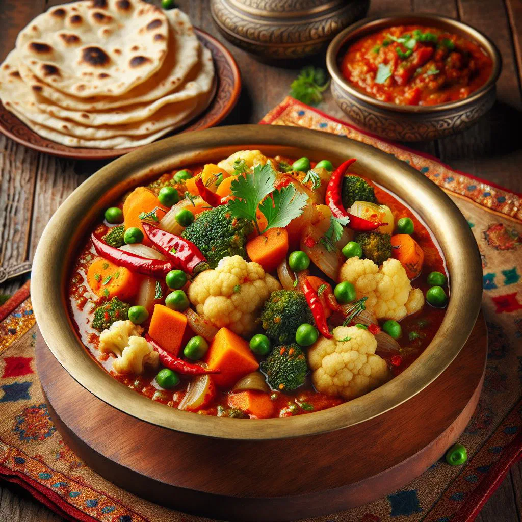 Veg Kolhapuri curry garnished with fresh coriander, served with naan