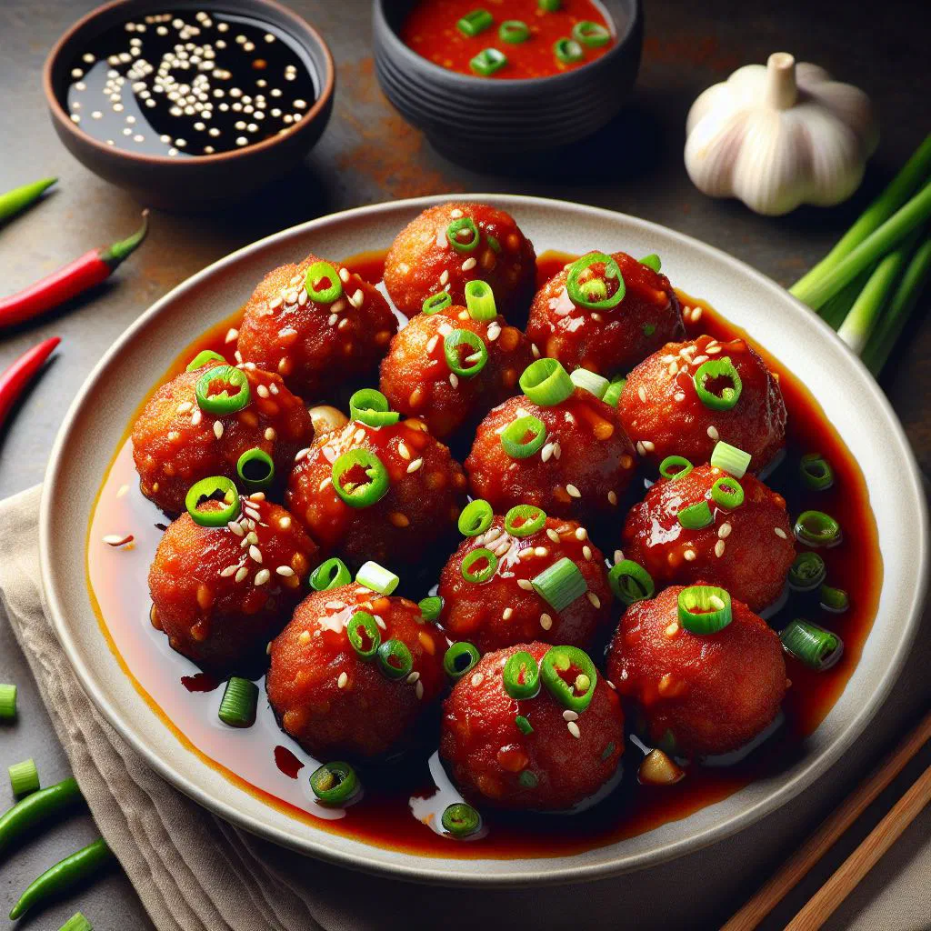 Crispy vegetable balls in a glossy Manchurian sauce garnished with coriander