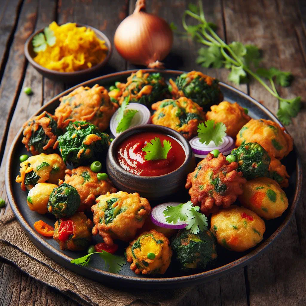 Crispy golden veg pakora fritters served with green chutney