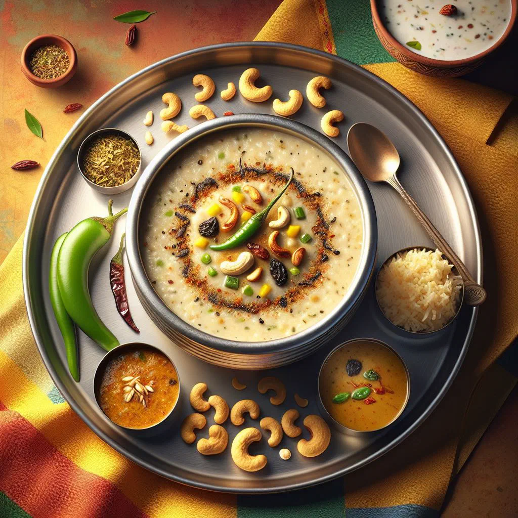 A bowl of creamy ven pongal garnished with fresh coriander and peppercorns