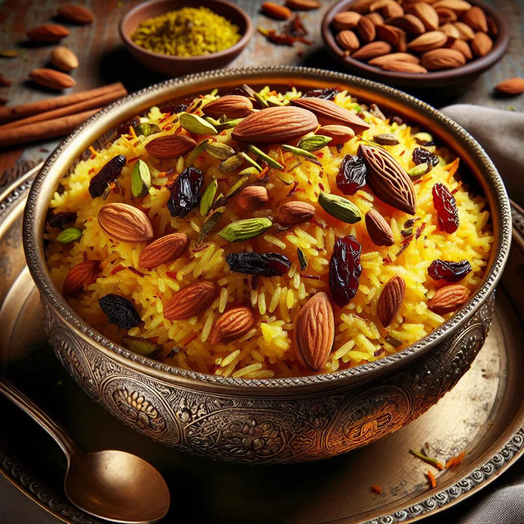 Sweet saffron zarda pulao rice topped with nuts and dried fruit