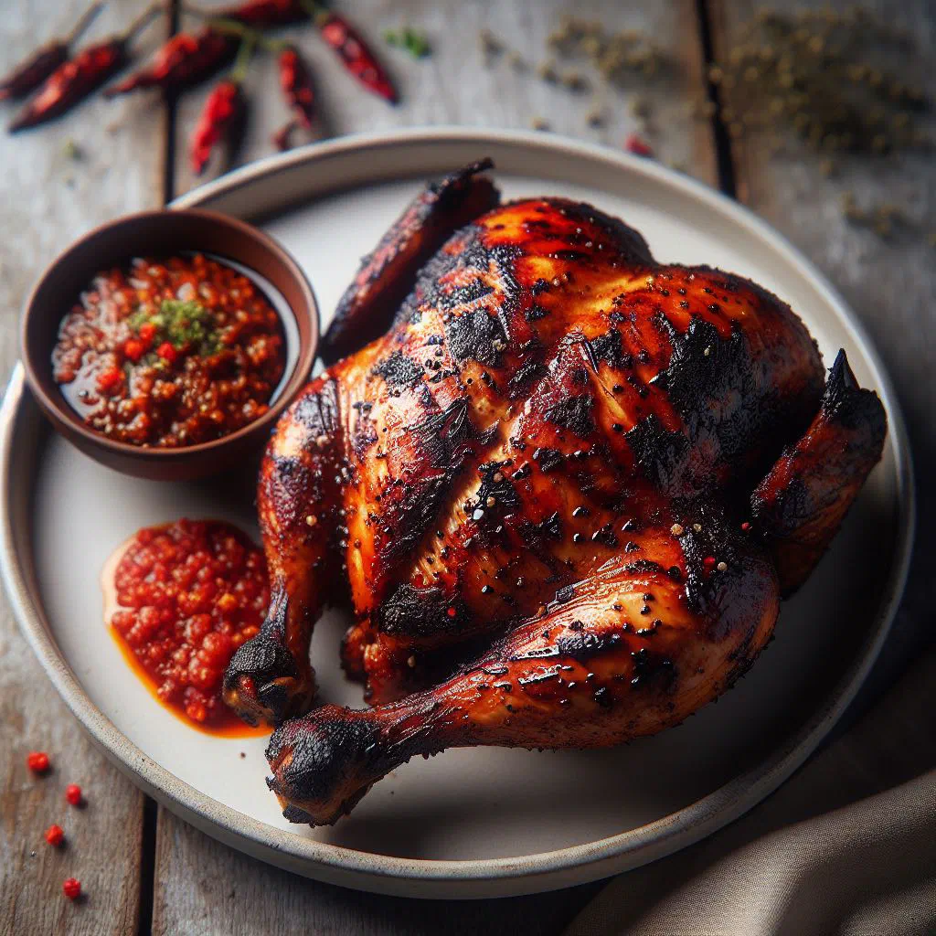 Grilled ayam bakar chicken glazed with turmeric and spices