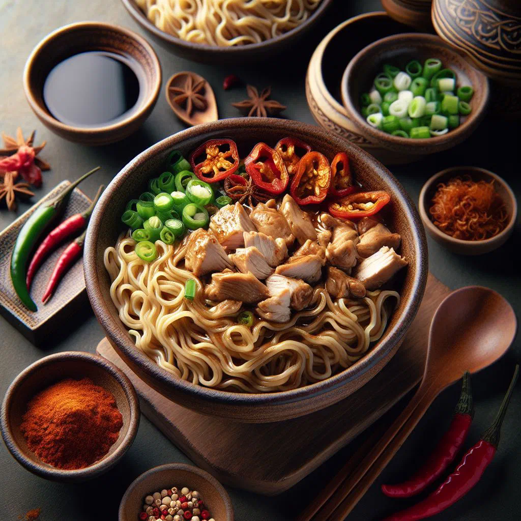 Bowl of bakmi ayam egg noodles with chicken, greens and spring onions