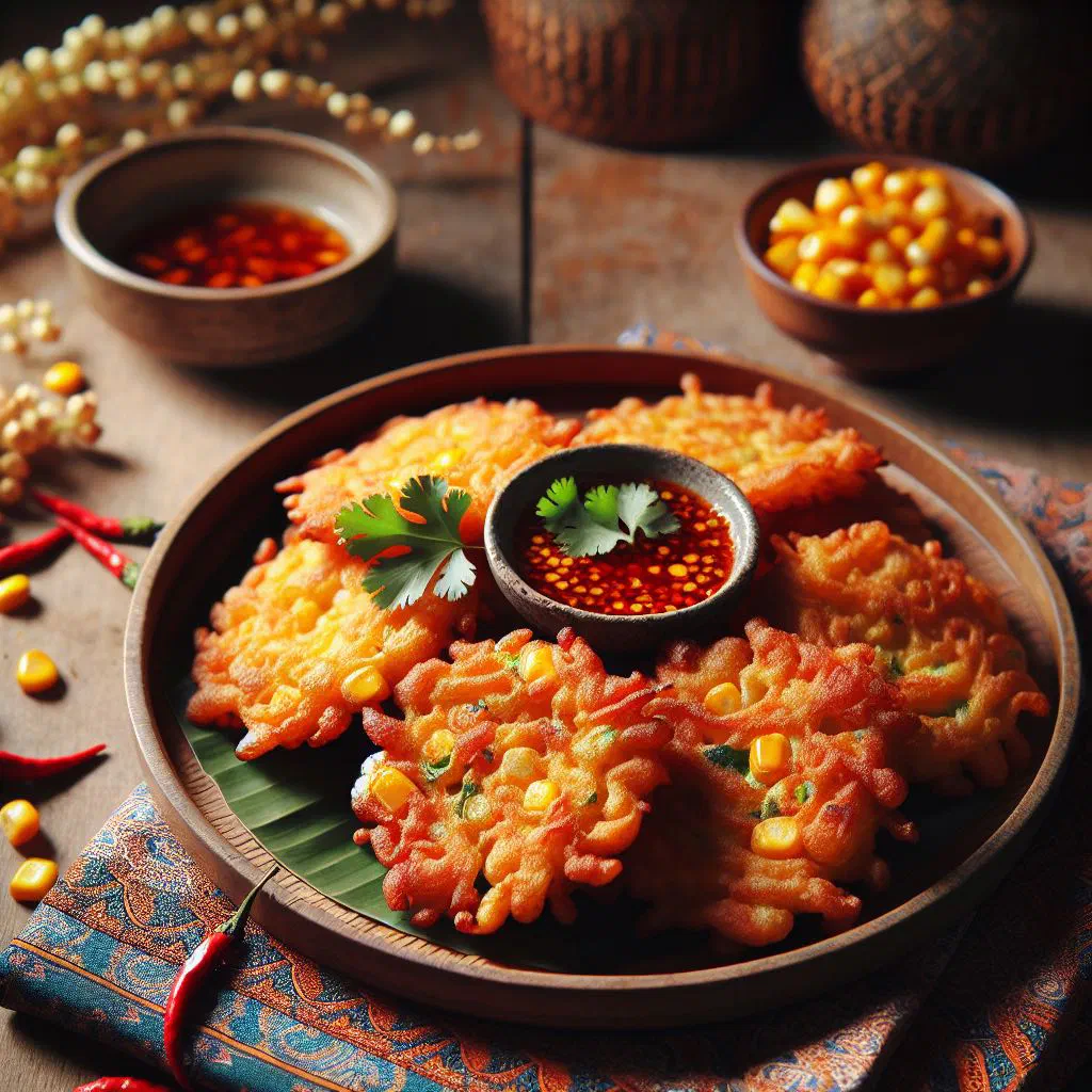 Golden Indonesian bakwan jagung corn fritters garnished with fresh coriander