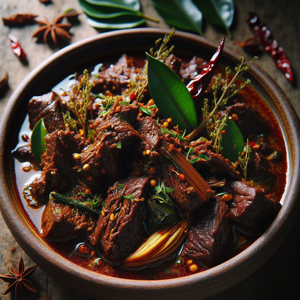 Beef rendang simmered in spiced coconut sauce, garnished with fresh herbs