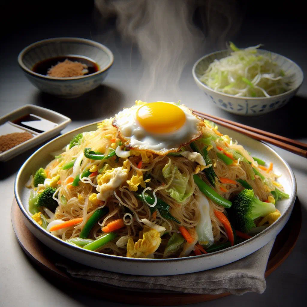 Stir-fried bihun goreng rice noodles with vegetables and spring onions