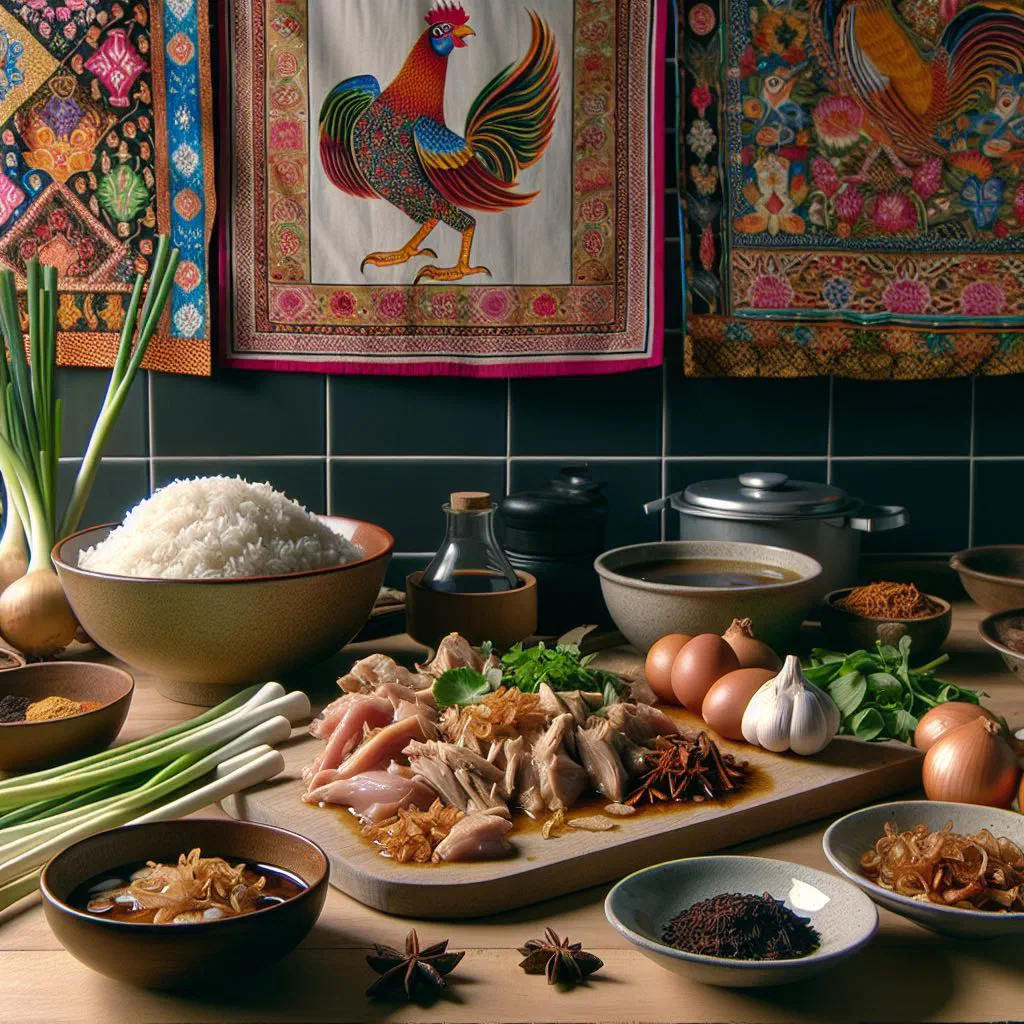 Bowl of Indonesian chicken rice porridge topped with shredded chicken and fresh herbs