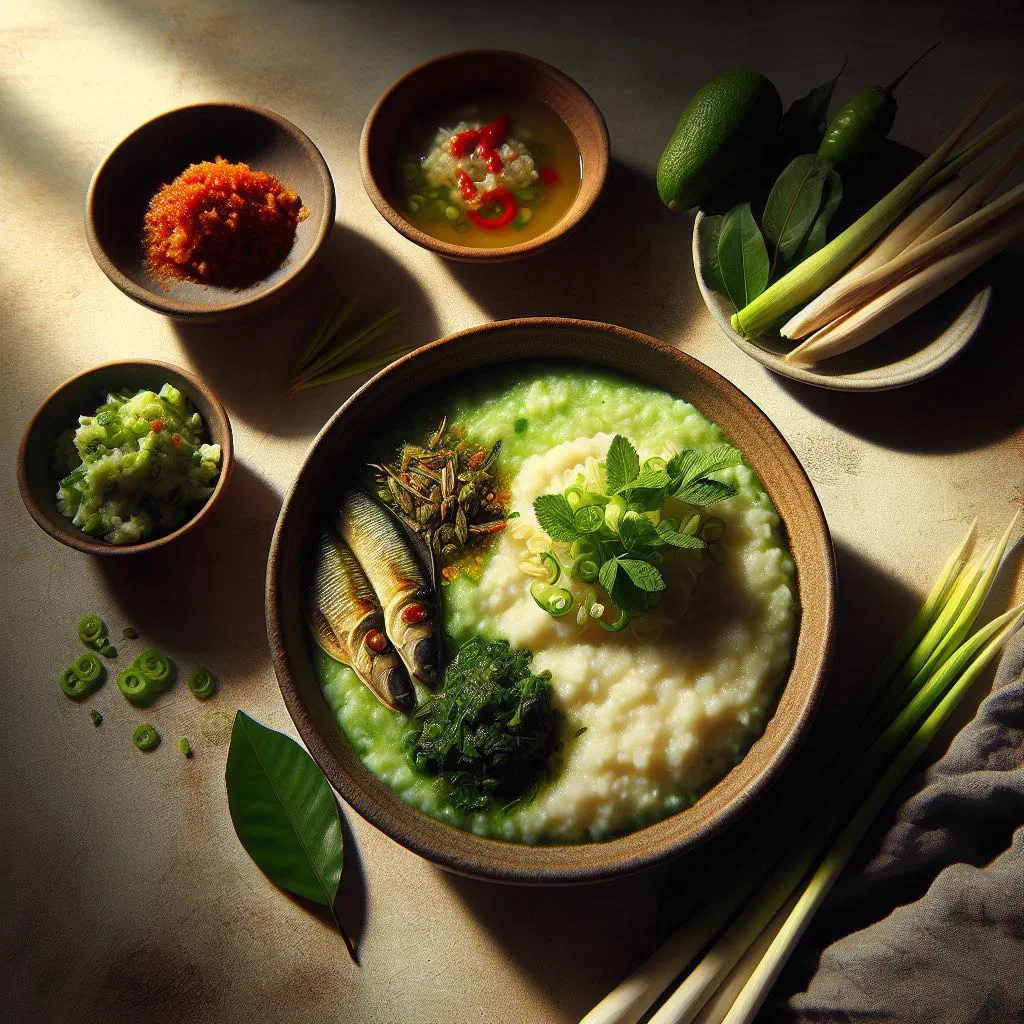 Bowl of bubur manado rice porridge topped with vegetables and fresh herbs