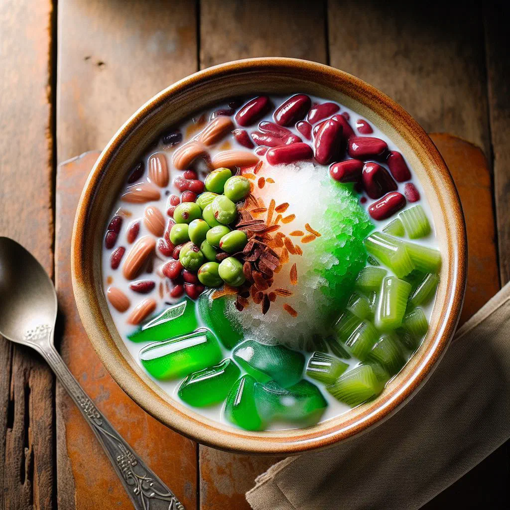 Cendol with green rice jelly noodles, palm sugar syrup and coconut milk over ice