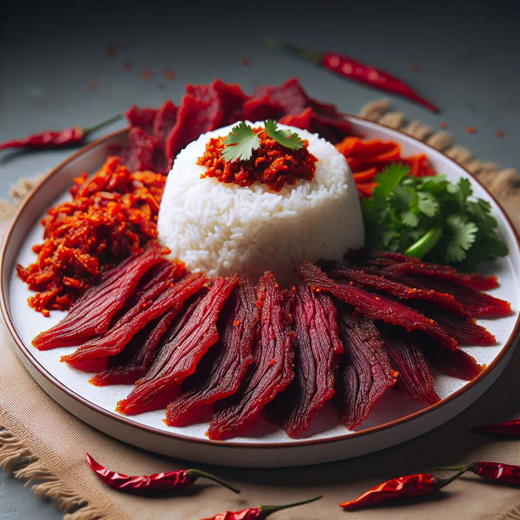 Dendeng balado: marinated beef strips in a fiery red chilli sauce with steamed rice
