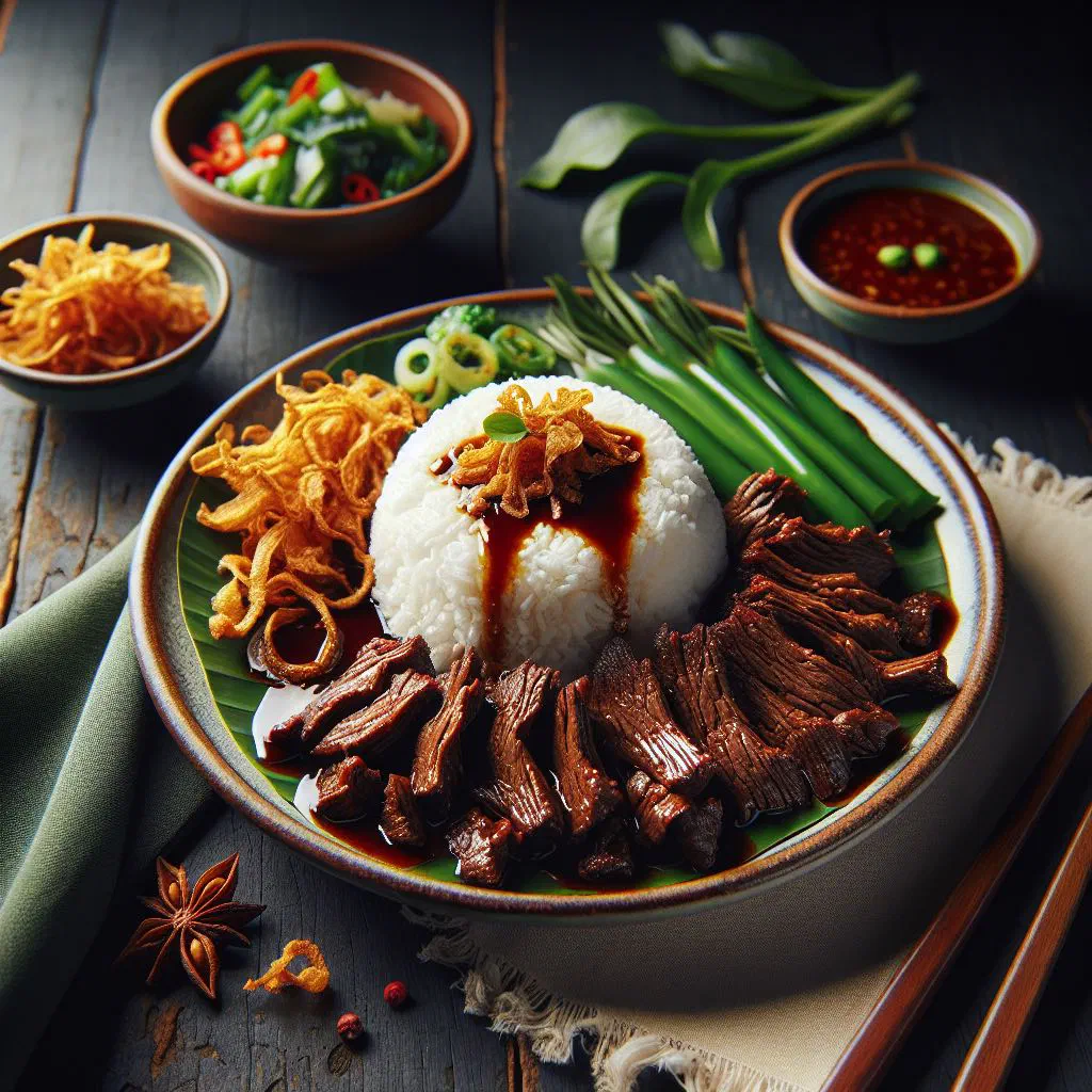 Sweet and savoury Indonesian empal gepuk beef served with rice