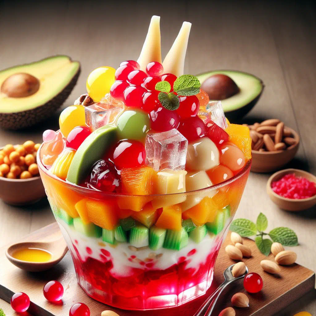 Es campur layered with tropical fruit, shaved ice and coconut milk in a glass