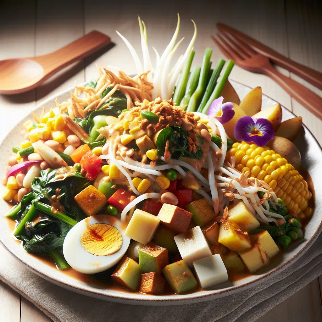 Gado-gado salad of fresh vegetables and tofu drizzled with peanut sauce