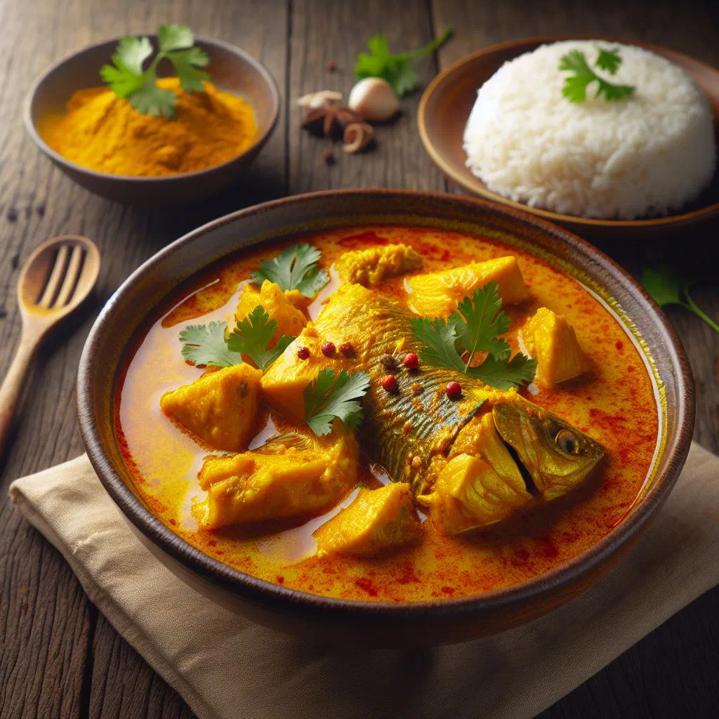 Indonesian gulai ikan fish curry in a rich golden coconut sauce, garnished with fresh coriander