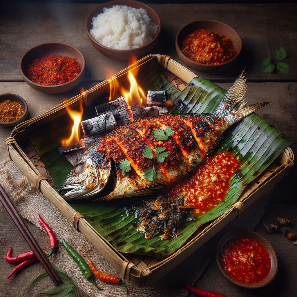 Grilled whole fish with spicy marinade, fresh herbs and lime wedges