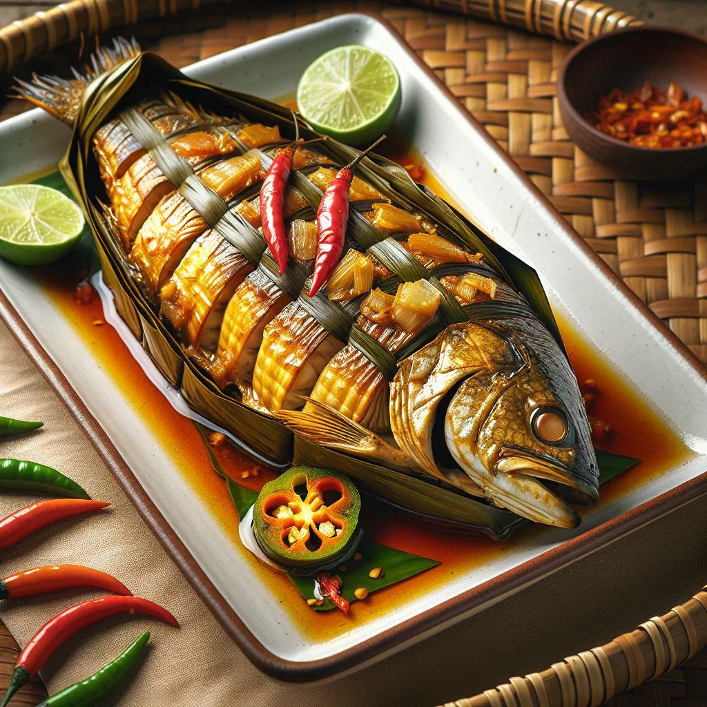 Spiced fish steamed in a banana leaf parcel, garnished with lime and coriander