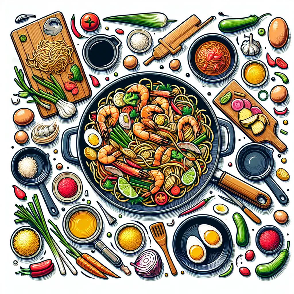Stir-fried flat rice noodles with vegetables and spring onions