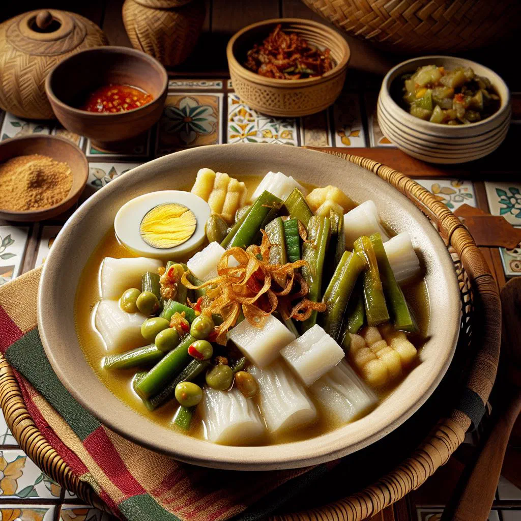 Lontong sayur with sliced rice cakes in a fragrant coconut vegetable soup