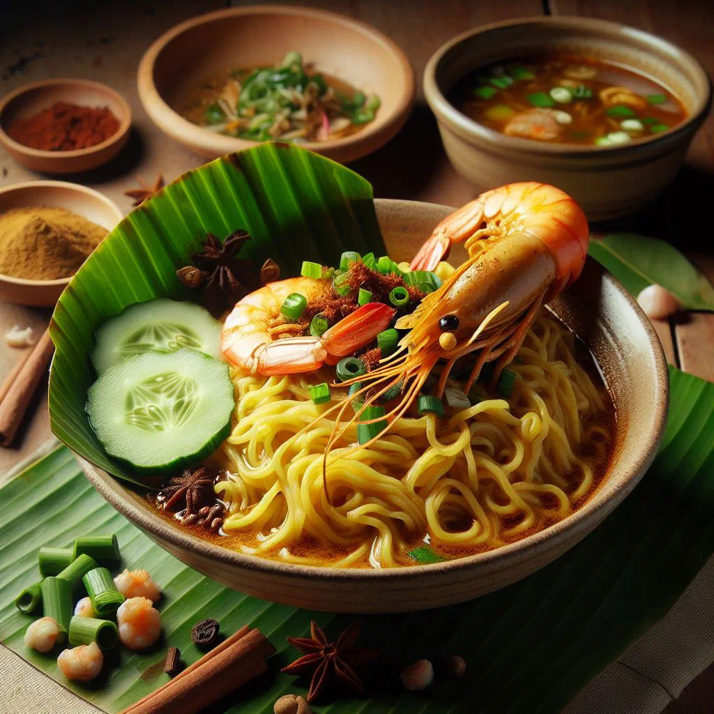 Spicy Mie Aceh fried noodles with prawns and fresh coriander