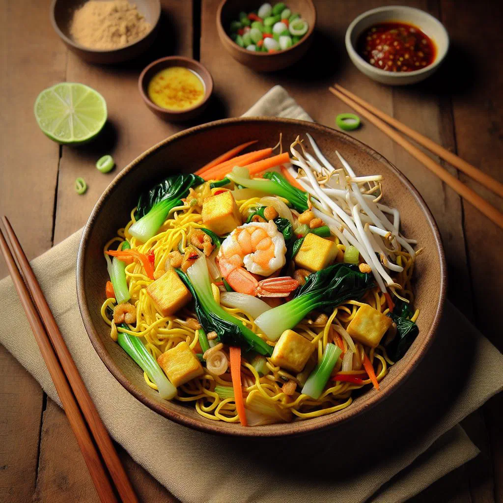 Indonesian fried noodles topped with egg, vegetables and fresh coriander
