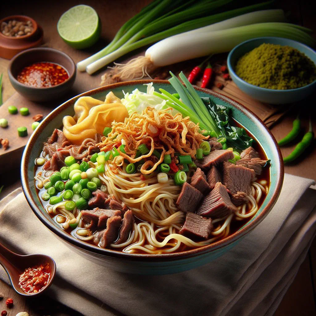 Bowl of Mie Kocok noodle soup with tender beef, bean sprouts and fresh herbs