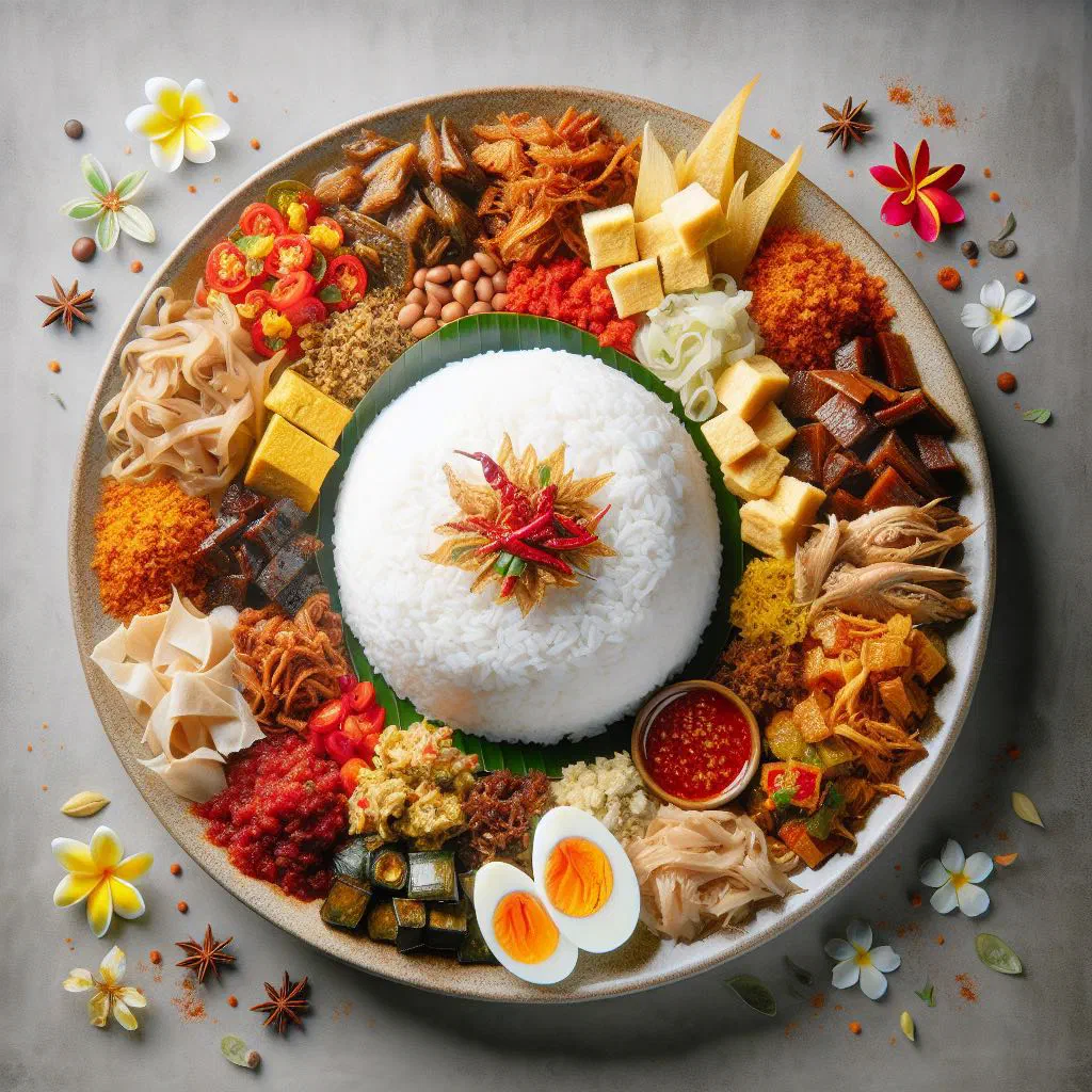 Plate of nasi campur with jasmine rice, chicken, vegetables and peanuts