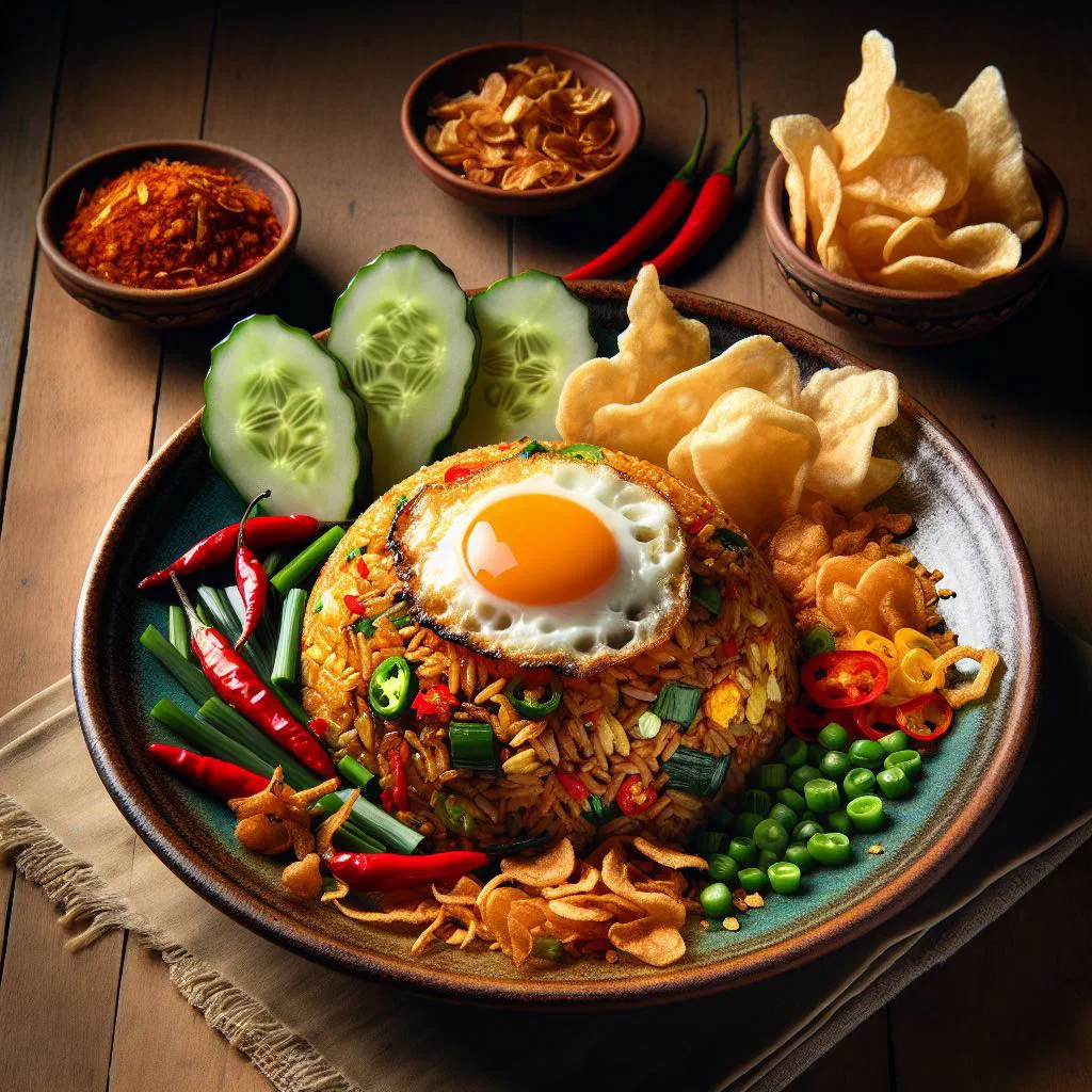Indonesian nasi goreng fried rice topped with a fried egg and spring onions