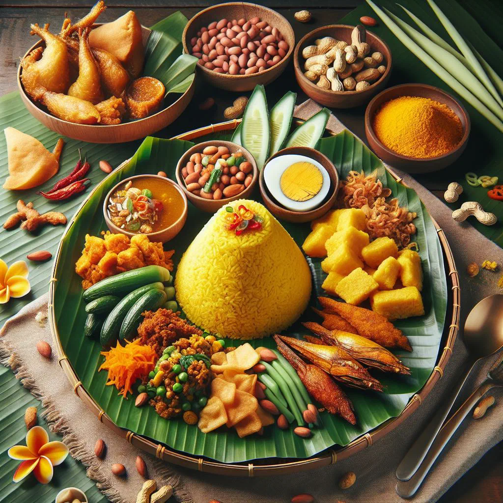 Bright yellow nasi kuning rice served with chicken, egg and vegetables