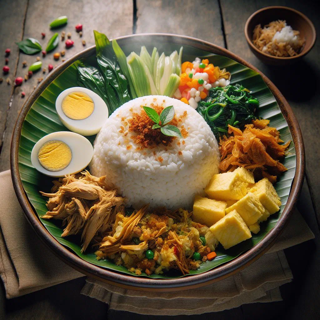 Fragrant nasi liwet rice cooked in coconut milk with fresh garnishes