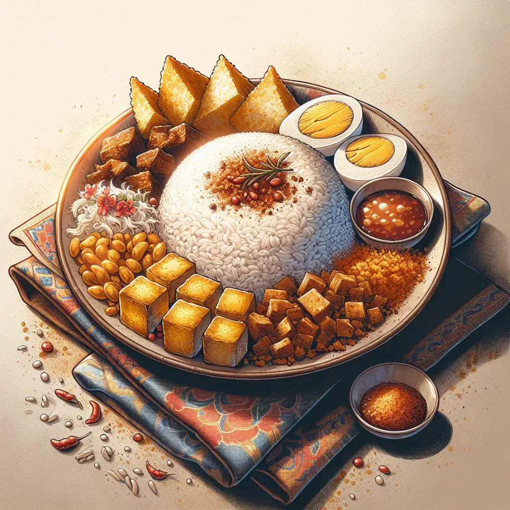 Fragrant Indonesian nasi uduk coconut rice with assorted side dishes
