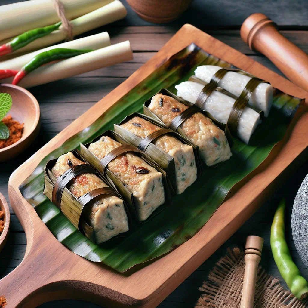 Grilled otak-otak fish parcels wrapped in banana leaves