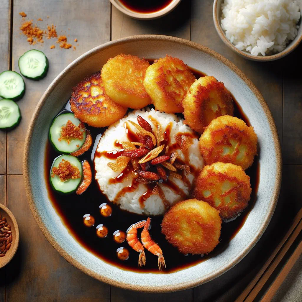 Pempek Palembang fish cakes served with dark tamarind sauce and fresh cucumber