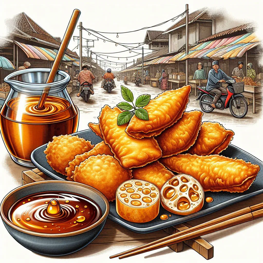 Golden pempek fishcakes served with a dark, spicy dipping sauce