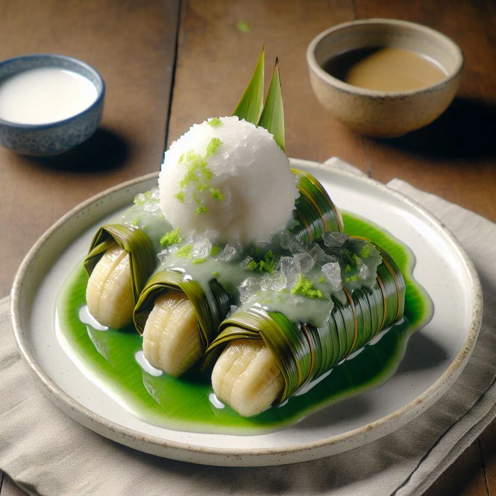 Pisang ijo: banana wrapped in green pandan dough with coconut sauce