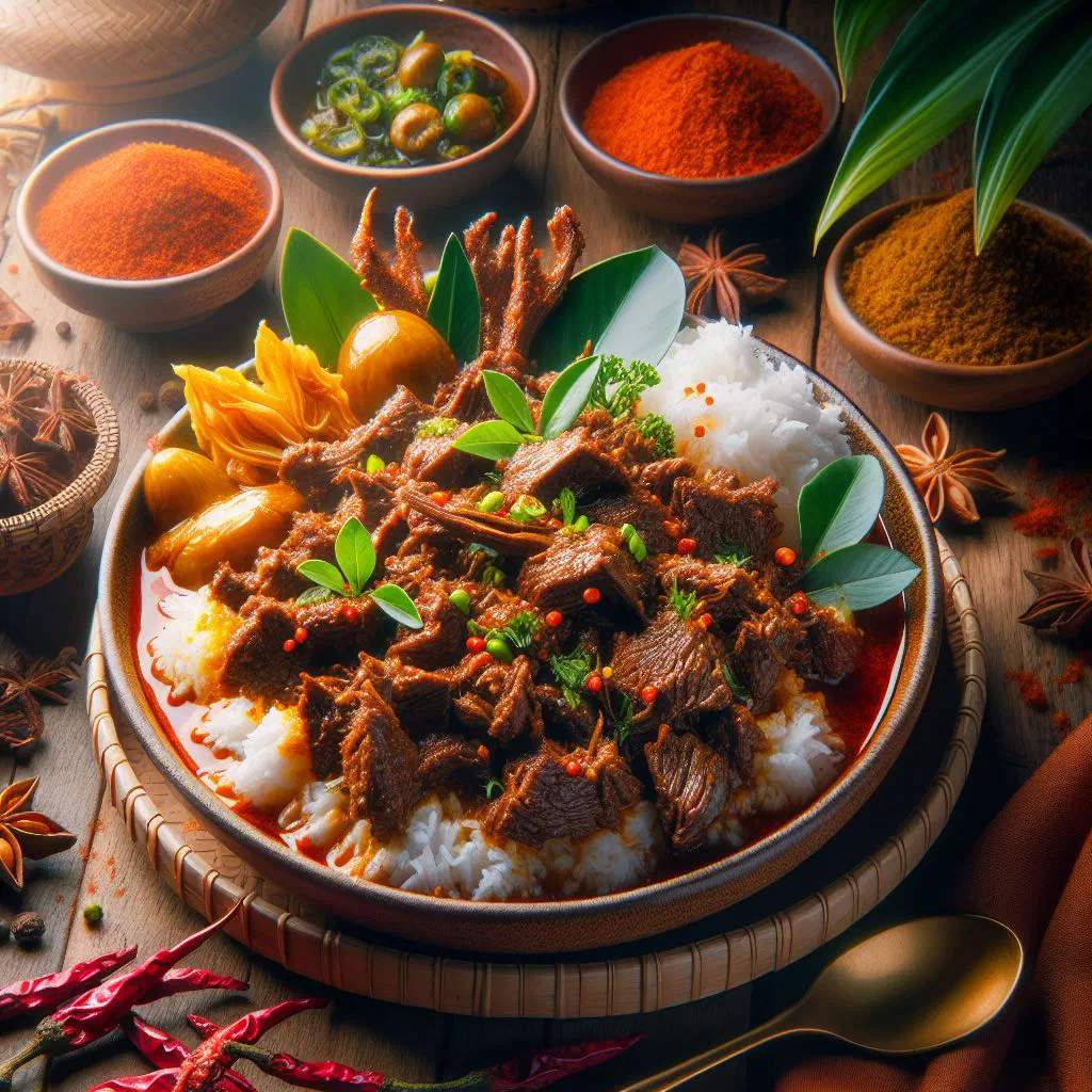 Slow-cooked beef rendang in a rich, dark, spiced coconut sauce