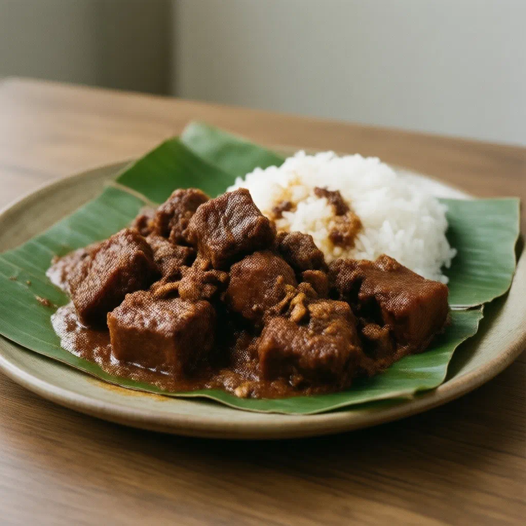 Slow-cooked beef rendang in a rich, dark, spiced coconut sauce